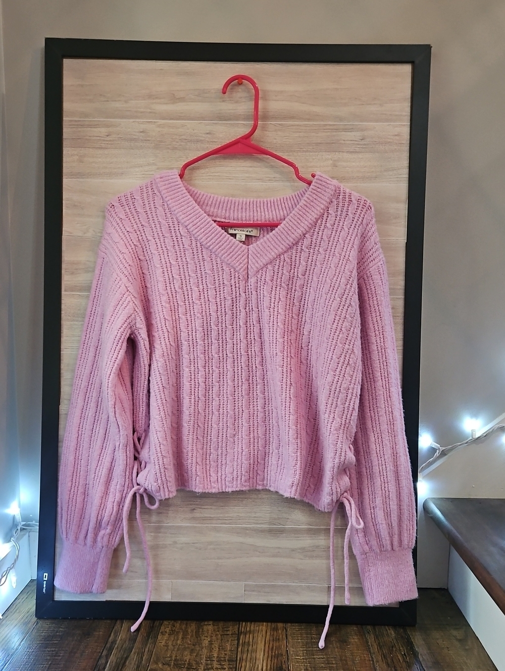 Francesca's Oversized Light Pink V-Neck Cable Knit Cropped Sweater w/ Side Ties